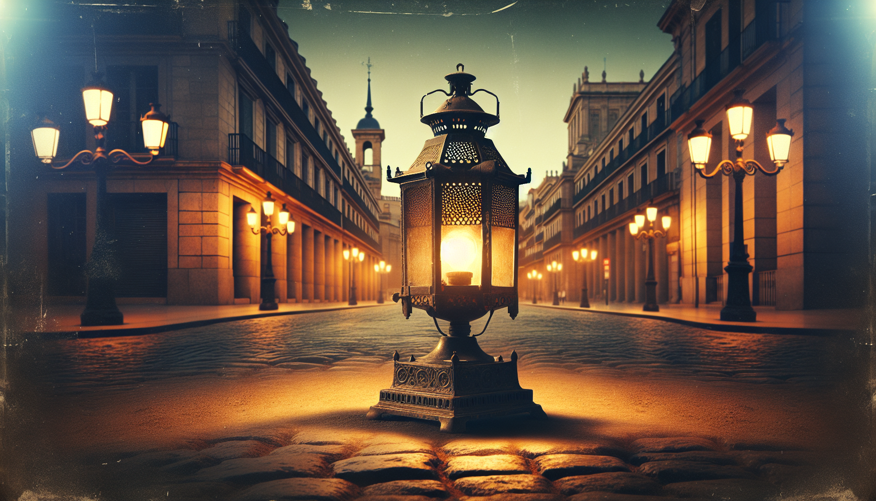 Un farol antiguo que brilla en una calle empedrada de Santrida, guardando secretos del pasado.